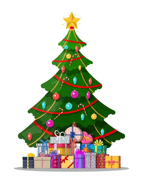 Árbol de Navidad decorado y cajas de regalo — Archivo Imágenes Vectoriales