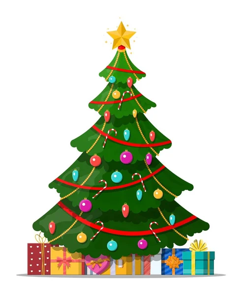 Árvore de Natal decorada e caixas de presente — Vetor de Stock