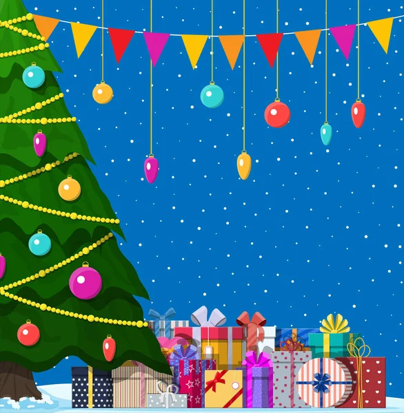 Рождественская елка украшены и подарочные коробки — стоковый вектор