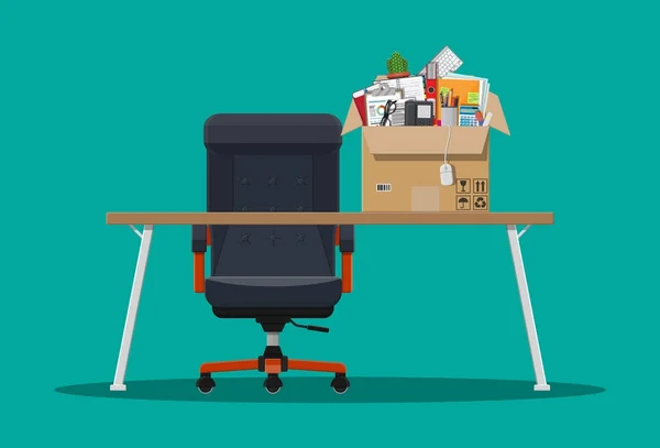 Chaise et table de bureau, boîte avec itmes de bureau — Image vectorielle