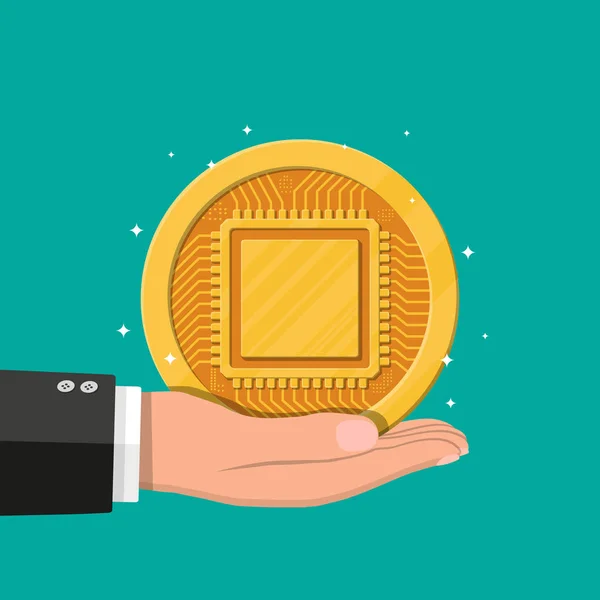 Moneda de oro con chip de ordenador en la mano — Vector de stock