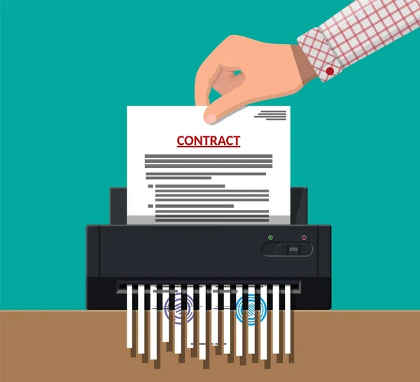 Dłoń wprowadzenie kontraktu papieru rozdrabniaczem maszyny. — Wektor stockowy