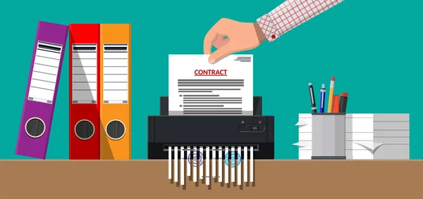 Hand att sätta kontrakt papper i dokumentförstörare maskin. — Stock vektor