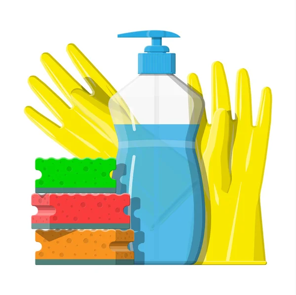 Fles afwasmiddel, spons en rubber handschoenen. — Stockvector