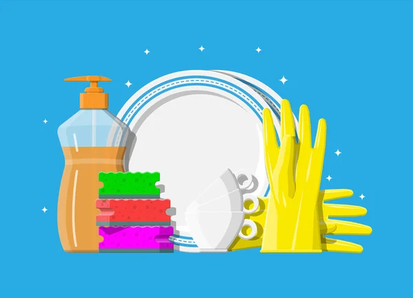 Bottle of detergent, sponge and rubber gloves. — Stock Vector