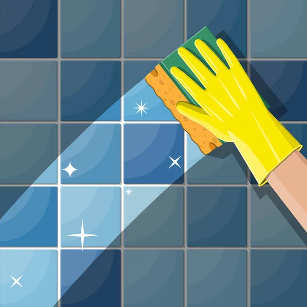 Handen in handschoenen met spons wassen muur — Stockvector