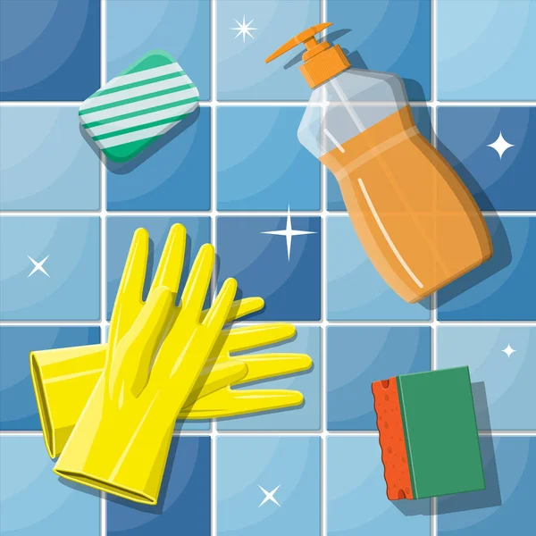 Üveg mosogatószer szivacs szappan és gumikesztyűk. — Stock Vector