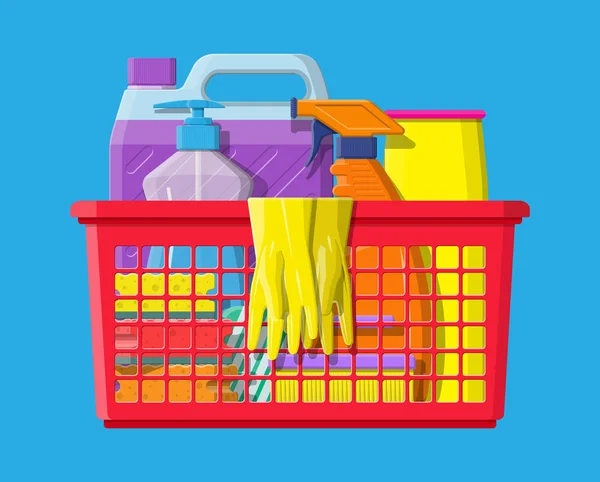 一瓶洗涤剂海绵肥皂和橡胶手套 — 图库矢量图片