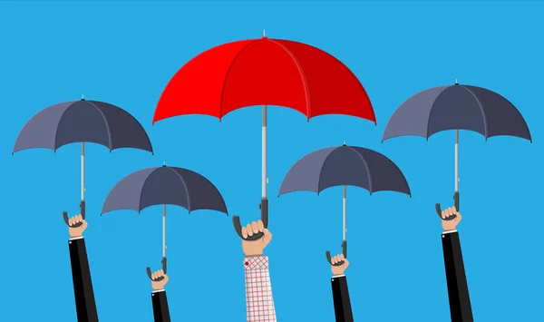 Homem com guarda-chuva vermelho na multidão — Vetor de Stock