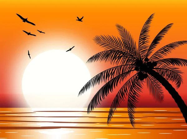 Silhouet van palm tree op strand. — Stockvector