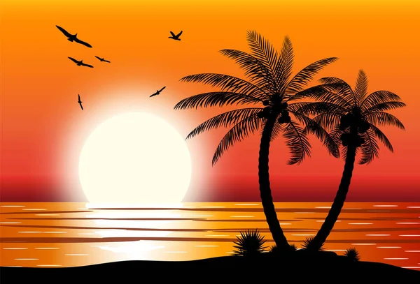 Silhouet van palm tree op strand. — Stockvector