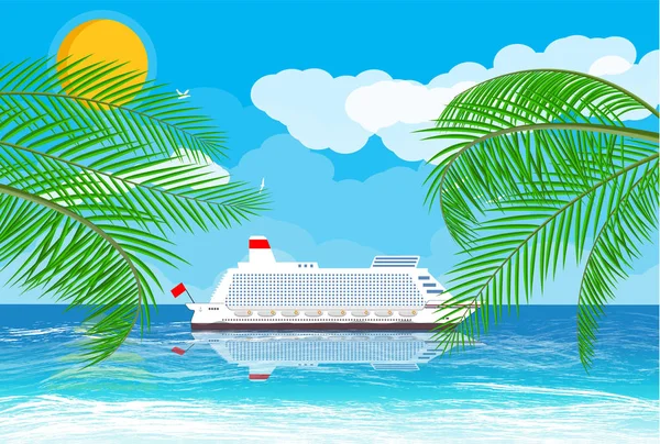 Spiaggia tropicale con nave da crociera — Vettoriale Stock