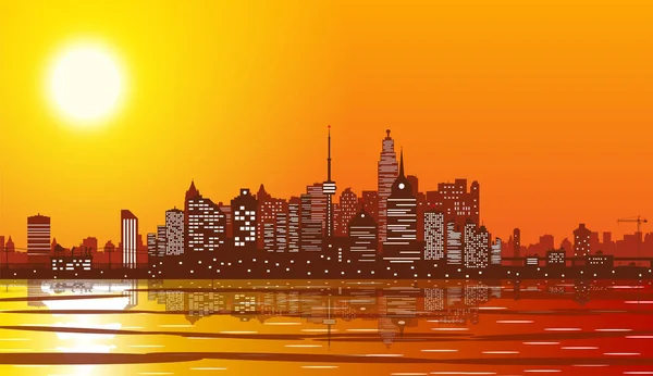 City skyline silhouette at sunset. — Stock Vector