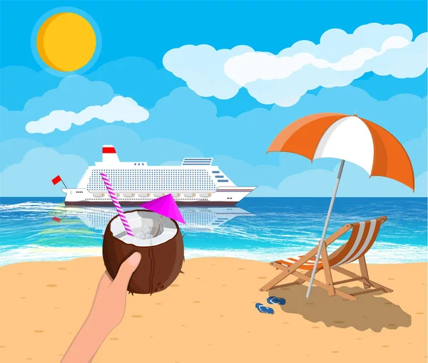 Tropisk strand, kryssningsfartyg och cocktail — Stock vektor