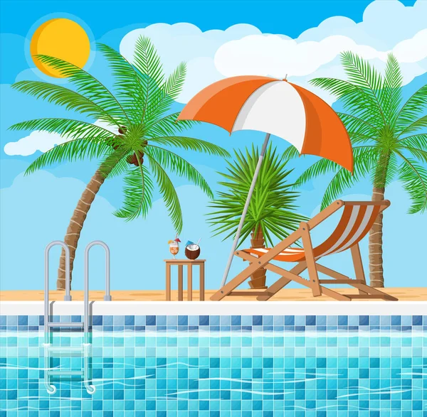 Pool och solstolar, palm tree — Stock vektor