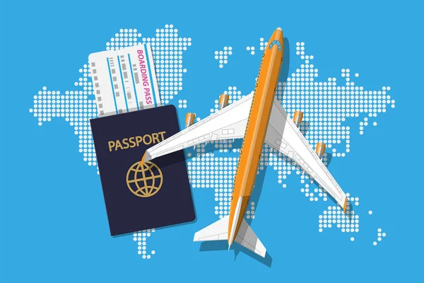 Passagiers jet, boarding pass en paspoort, kaart — Stockvector