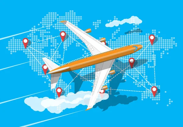 ジェット旅客機、世界地図 — ストックベクタ