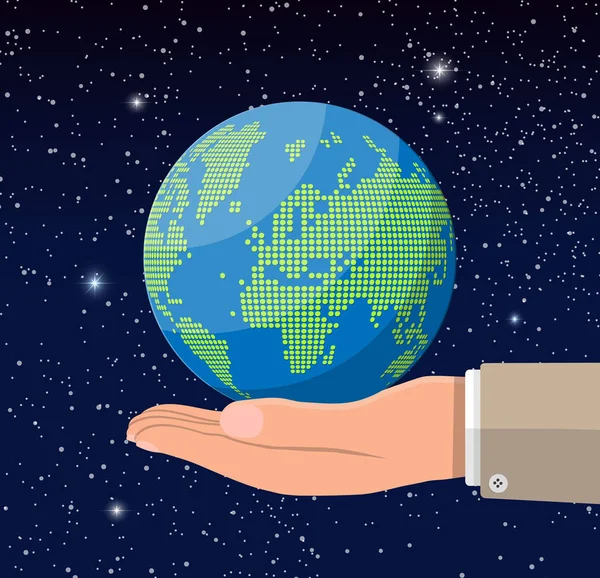 Wereld kaart silhouet in de hand. Globe punten in de ruimte — Stockvector