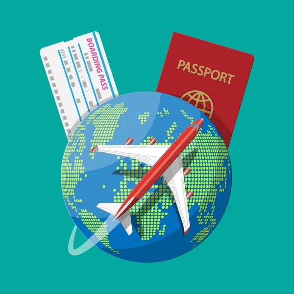 Avión de pasajeros, tarjeta de embarque y pasaporte, mapa — Vector de stock