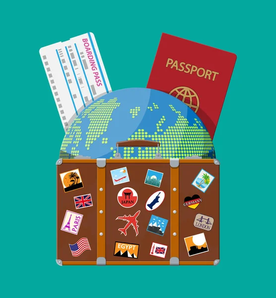 Utazási Suitcase matricák és a világ Térkép — Stock Vector