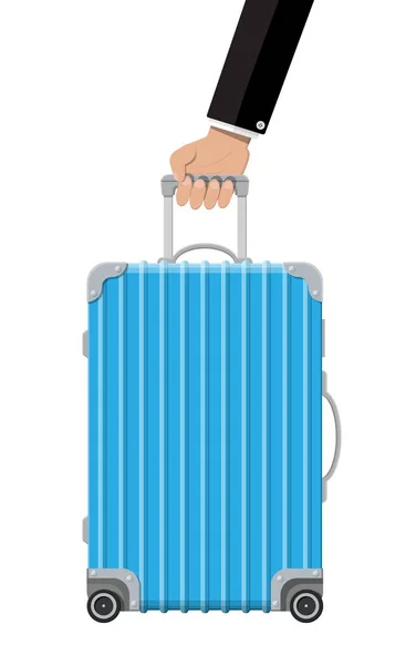 Blaue Reisetasche in der Hand. Kunststoffhülle. — Stockvektor