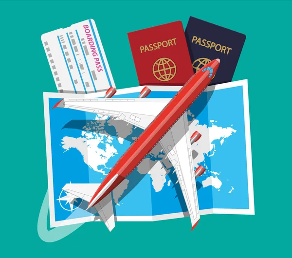 Passenger jet, boarding pass and passport, map — Stock Vector