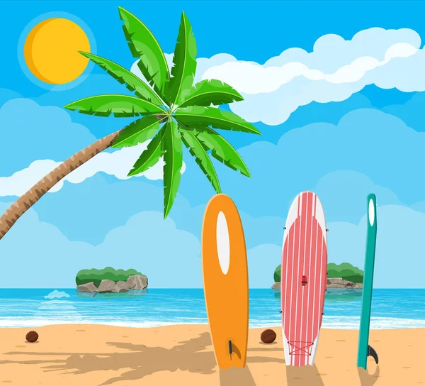 Palmenlandschaft auf Surfbrett am Strand — Stockvektor