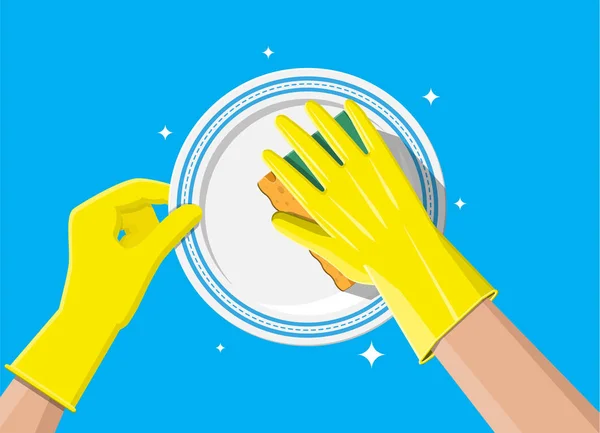 Hand in gloves with sponge wash plate — Stock Vector