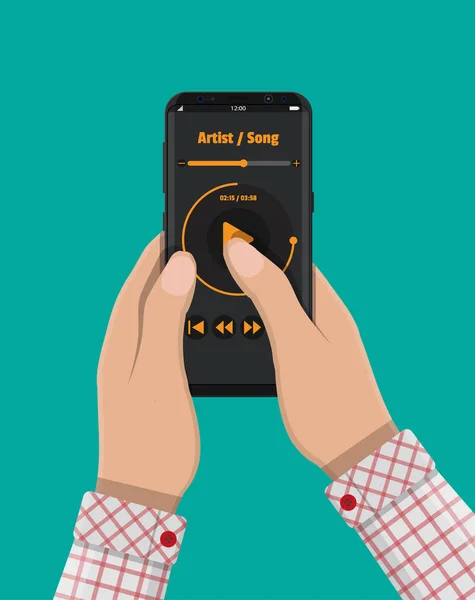 Hand houdt smartphone met music player. — Stockvector