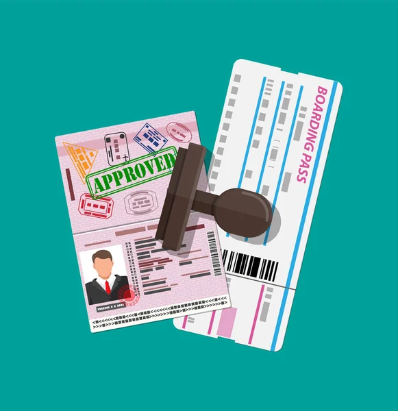 여권 비자 스탬프, 탑승권 — 스톡 벡터
