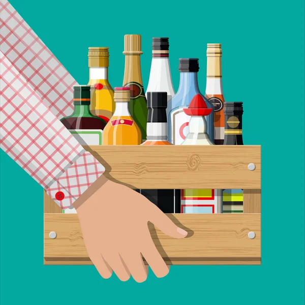 Alkohol italok gyűjtemény doboz a kezében — Stock Vector