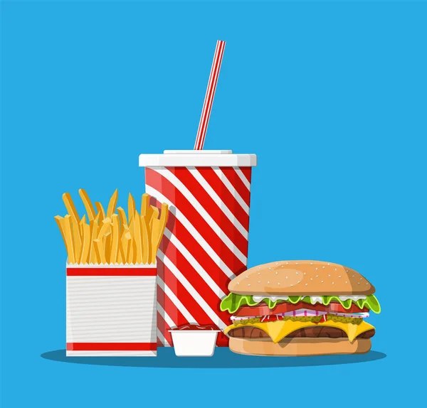 Copo de cola com batatas fritas e cheeseburger . — Vetor de Stock