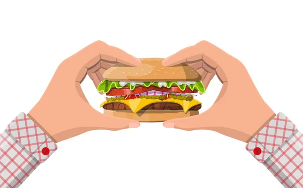 Sabrosa hamburguesa aislada en las manos — Vector de stock