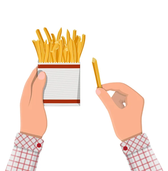 Papas fritas en caja de papel blanco en mano — Vector de stock