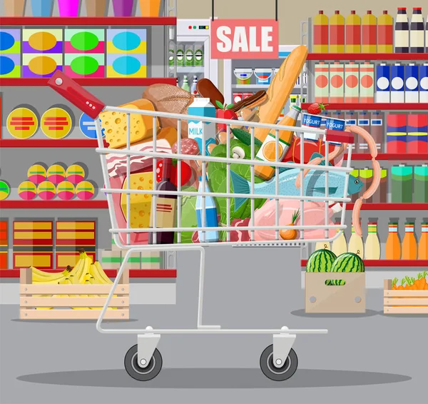 Supermercado tienda interior con mercancías. — Vector de stock