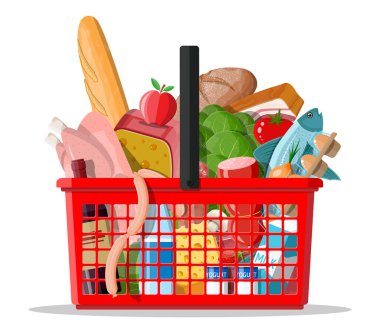 Plastik alışveriş sepeti ve taze ürünler..