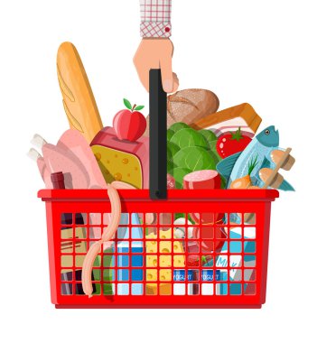 Plastik alışveriş sepeti ve taze ürünler..