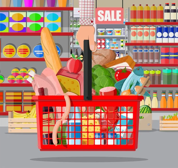Supermarket store interior with goods. — Stock Vector