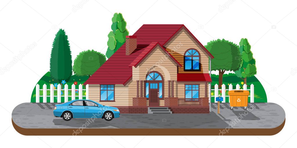 Suburban family house. Countryside wooden house
