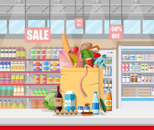 Supermarket store interior with goods.