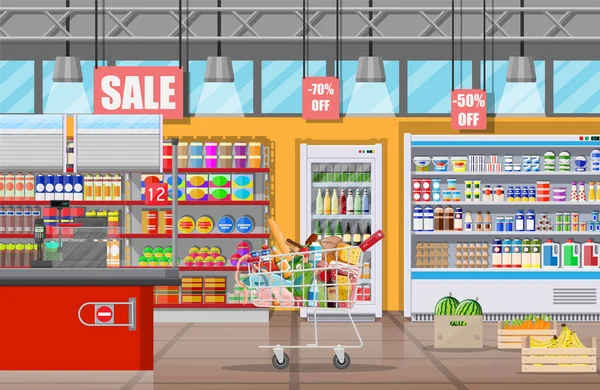 Supermercado loja interior com mercadorias. —  Vetores de Stock