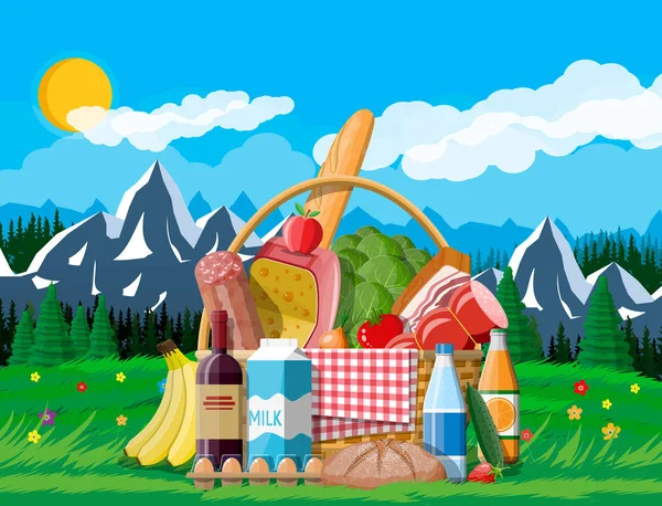 Fonott piknik kosár tele termékek. — Stock Vector