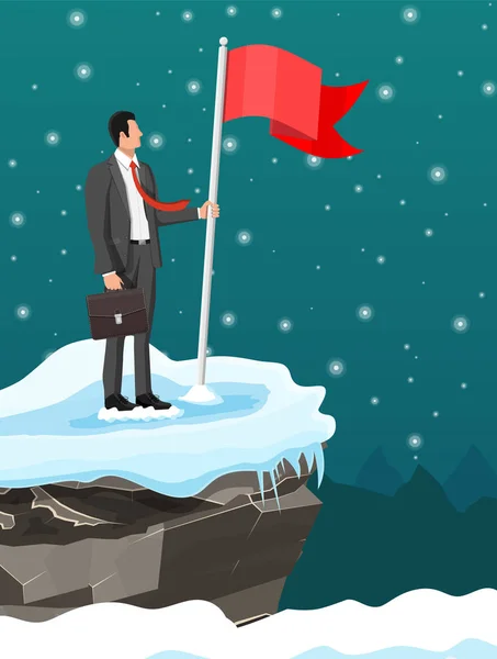 Homme d'affaires debout au sommet de la montagne avec drapeau . — Image vectorielle