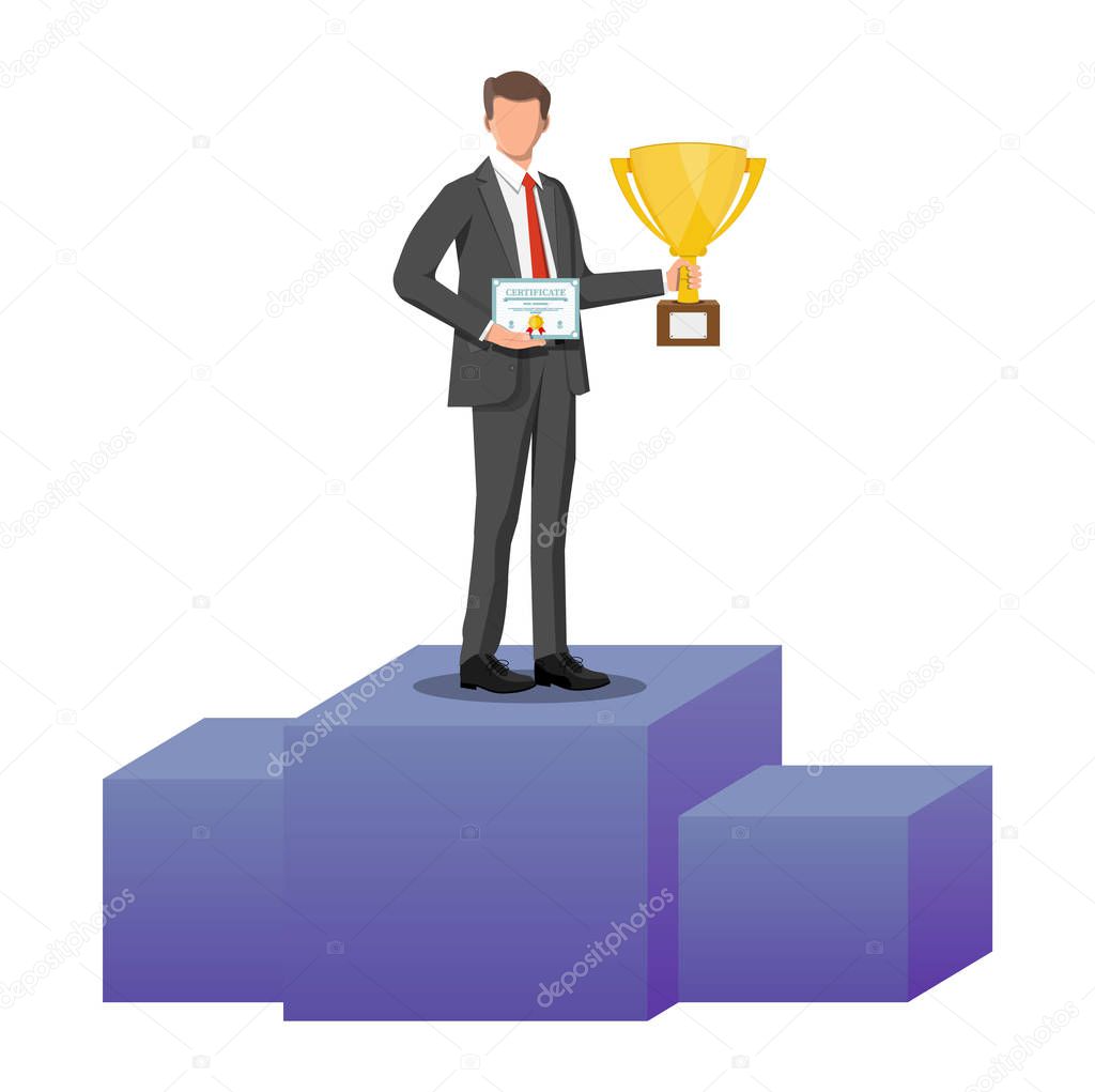 Businessman holding trophy and showing certificate