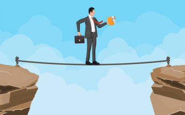 Takım elbiseli bir işadamı ipte yürüyor.