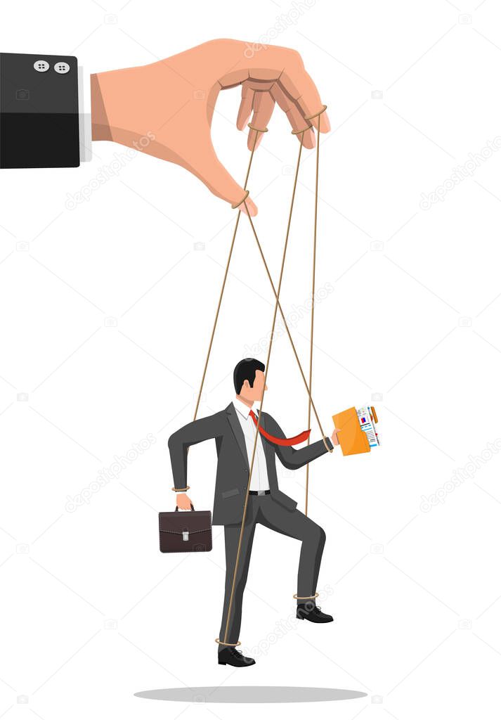 Businessman marionette is hanging on ropes.