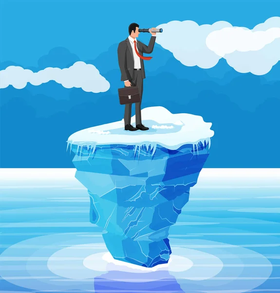 Empresário com spyglass em minúsculo iceberg no oceano — Vetor de Stock