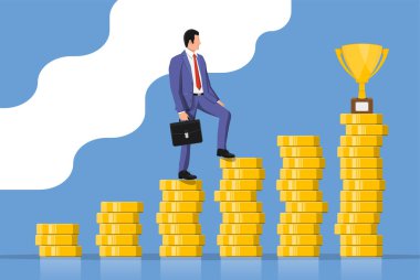 Businessman with briefcase goes to trophy goal.