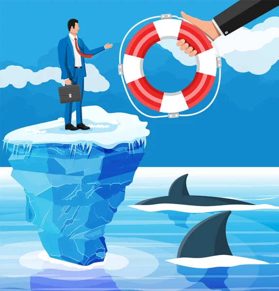 Un homme d'affaires flotte sur l'iceberg pour obtenir une bouée de sauvetage . — Image vectorielle