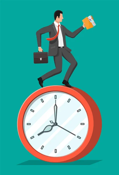 Businessman is fast running on big clock — Stock Vector
